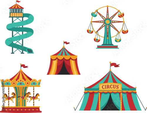 Colorful amusement park and circus vector set with tents, ferris wheel, water slide, and carousel, perfect for kids’ design, games, or education.
