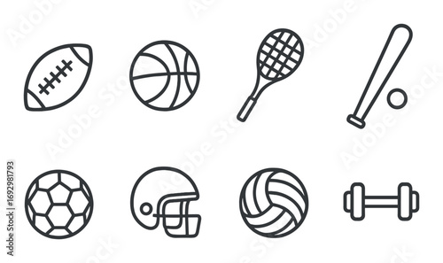 Silhouette icons of sports equipment: football, basketball, tennis, baseball, soccer, volleyball, gym