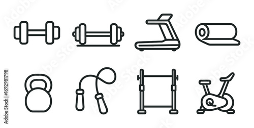 Minimalist gym equipment icons on olive background: dumbbells, treadmill, kettlebell, jump rope