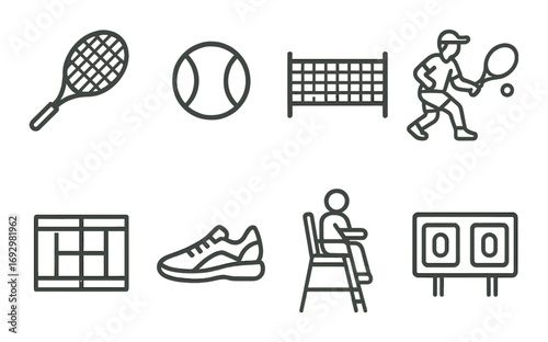 Outline of tennis equipment and player icons on dark brown background