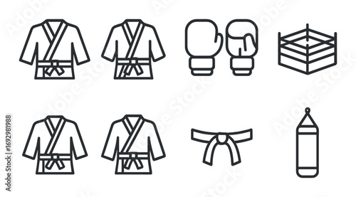 Martial arts and boxing icons: gloves, belts, ring, punching bag, kimono jacket