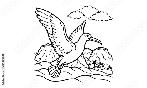 Albatross Kids t shirt design silhouette and vector line art, Detailed High-Quality Line Art, Suitable for Adult Coloring Books, Stress Relief, Relaxation, and Printable Art Therapy Projects.