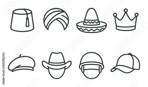 Outlined hat icons: fez, turban, sombrero, crown, beret, cowboy, helmet, cap