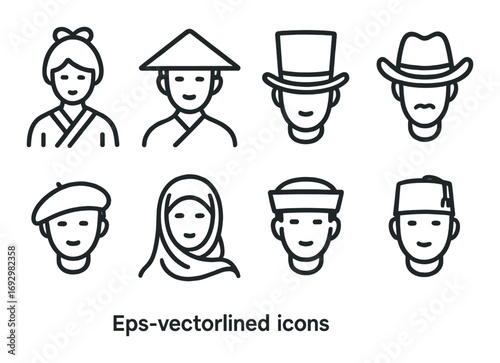 Minimalistic line art icons featuring diverse traditional hats and headwear