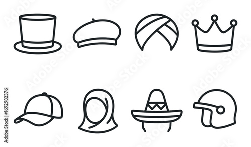 Collection of minimalist hat icons: top hat, beret, turban, crown, cap, hijab, sombrero, helmet
