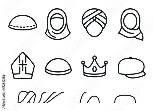 Different headwear icons: religious, cultural, modern styles