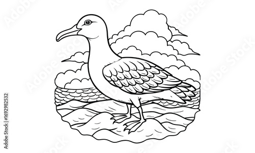 Albatross Kids t shirt design silhouette and vector line art, Detailed High-Quality Line Art, Suitable for Adult Coloring Books, Stress Relief, Relaxation, and Printable Art Therapy Projects.