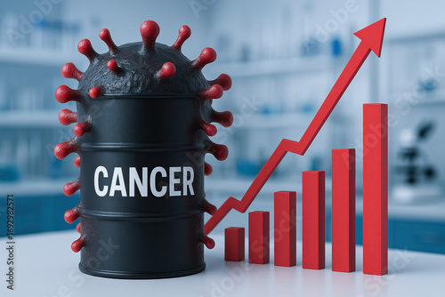 Rising cancer rates concept with virus-shaped barrel and upward red graph. Medical statistics, oncology trends, health crisis awareness, and global disease impact in clinical research setting.