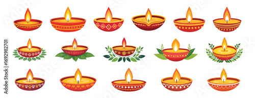 Diwali or dussehra diya lamps on transparent background of Deepavali or Divali light festival. Indian Hindu religion oil lamps or lanterns with burning candle,