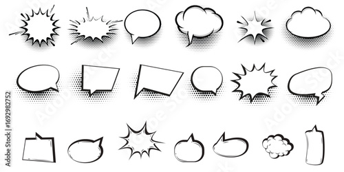 Collection of hand drawn sketchy speech bubbles and explosion shapes for comics and design  vector  illustration white background