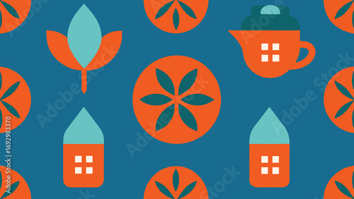 Seamless Pattern of Stylized Houses and Flowers in Teal and Orange repeating pattern illustration