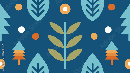 Seamless Pattern of Stylized Trees and Leaves on Dark Blue Background texture