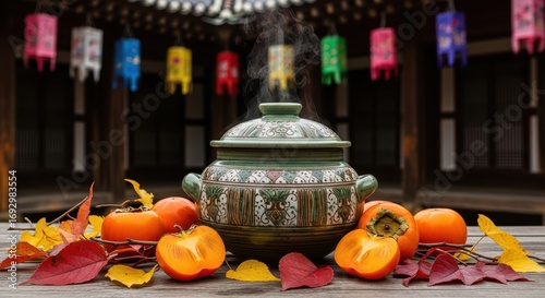 Korean Persimmon Fruit with Steaming Ceramic Pot, Autumnal Scene