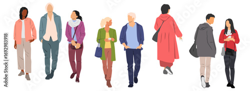 Set of young men and women walk, front and back view, profile, different colors, cartoon character, silhouettes business people, students, design concept of flat icon, isolated on white 
