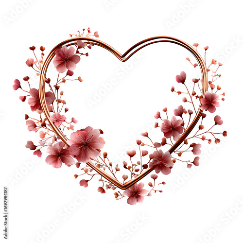 Elegant maternity overlay with thin heart-shaped frame and soft floral vines wrapping gently, isolated, transparent background, no shadows, PNG look,