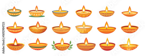 Diwali or dussehra diya lamps on transparent background of Deepavali or Divali light festival. Indian Hindu religion oil lamps or lanterns with burning candle,