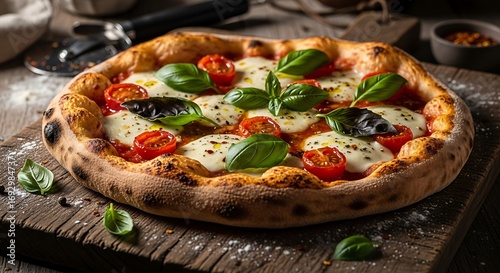 Authentic Neapolitan Margherita Pizza with Fresh Mozzarella, Basil, and Cherry Tomatoes on Rustic Wooden Board