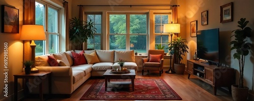 Cozy and inviting suburban living room interior, featuring comfortable furniture and warm lighting Perfect for family gatherings and relaxing evenings at home , curtains, home decor, artwork