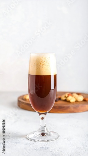 Tall glass of dark coffee drink with a frothy top