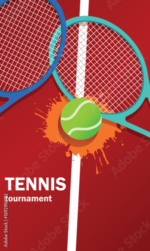 Tennis, tournament poster, rackets, ball, red court, summer tennis competition. Banner world championship racket sport, training, education, sports club, decor flat style, activity, fitness