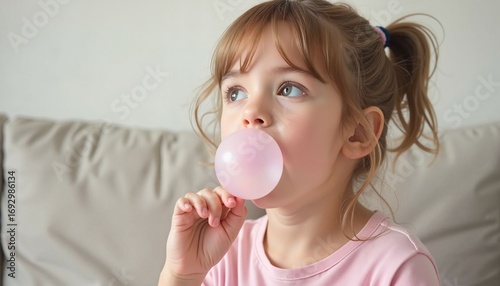 Young girl blowing bubble gum while sitting on sofa indoors  
