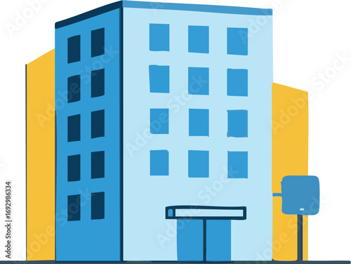 Building Vector Illustration of Modern Urban Skyscraper Design in Blue and Yellow Colors