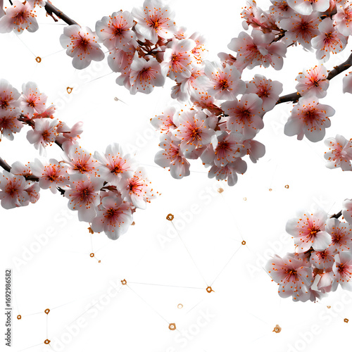 Fine blossom overlay with linear connections and clustered flowers, isolated, transparent background, no shadows, PNG look