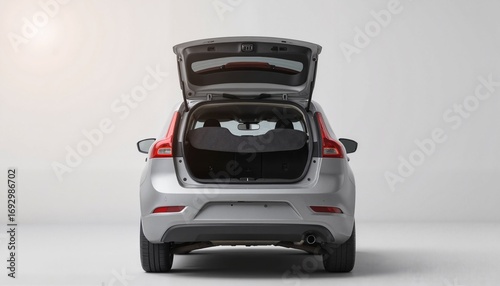Silver car with open trunk on minimalistic white background -  