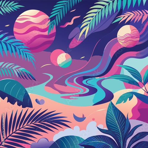 Surreal Landscape with Swirling Colors Planets and Tropical Leaves abstract