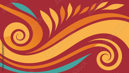 Swirling and Leaf-like Patterns in Orange Teal and Red abstract spiral