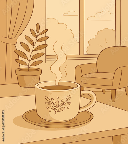 vector illustration of cup of tea with evening background