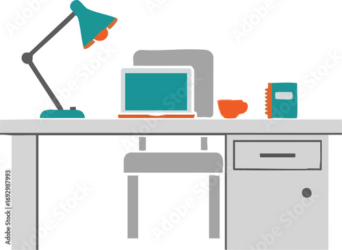 Illustration Vector of Workspace Desk with Laptop Lamp Cup and Notebook Minimalist Style