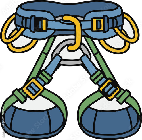 Cartoon Climbing Harness Vector Illustration for Outdoor Adventure Gear and Safety Equipment in Blue Green and Yellow Colors