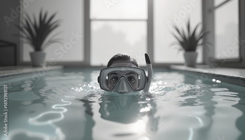 Young man snorkeling in indoor pool with clear water and plants  