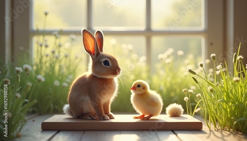 Cute rabbit sitting beside small chick in sunny meadow by window  