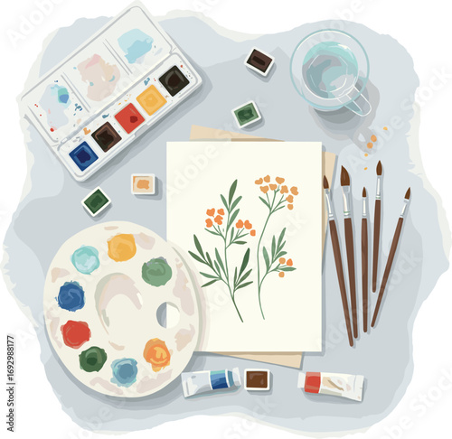 Watercolor artist workspace top view — botanical sketch with palette, pans, brushes and water cup — hand-painted illustration (transparent)