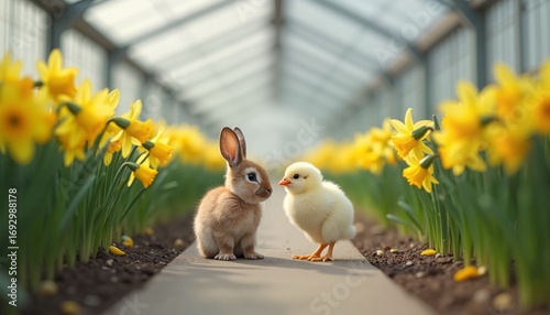 Rabbit and chick standing together among yellow daffodils in greenhouse  