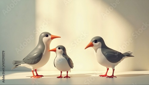 Three toy birds standing together on a light background  