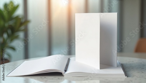 Blank book open on table with sunlight and plant in background  