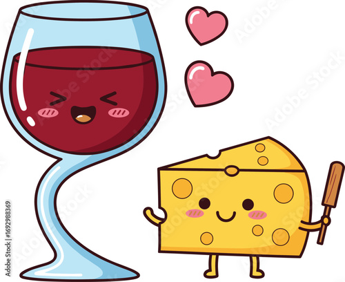 Cartoon wine glass and cheese wedge with smiling faces, hearts, and cute expressions for romantic food pairing vector illustration design