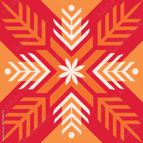 Symmetrical Geometric Snowflake Pattern in Red Orange White and Light Orange vector illustration
