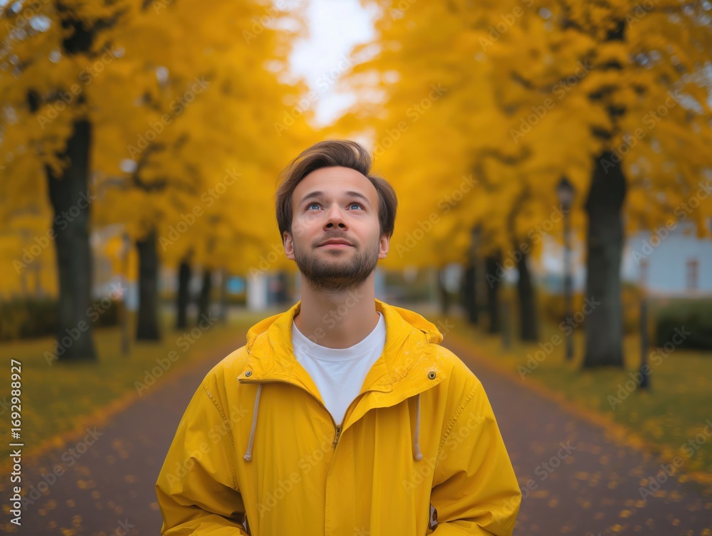 Obraz premium Young man wearing a bright yellow jacket stands in a picturesque autumn park, surrounded by vibrant yellow trees, gazing upwards with a sense of wonder and tranquility