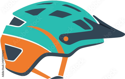 Illustration Vector of a Mountain Bike Helmet with Blue and Orange Accents Modern Graphic