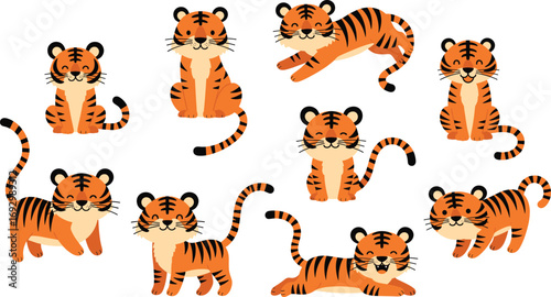 Cute cartoon tiger cubs in playful poses with orange fur and black stripes, animal character illustration for kids and wildlife design