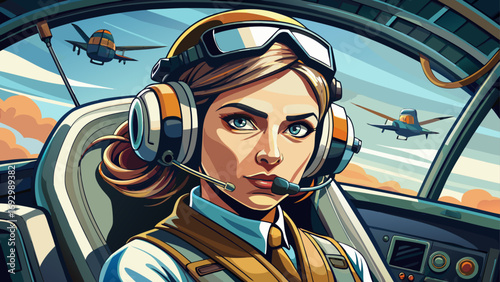 Close-up portrait of female pilot wearing headset in cockpit seat. Isolated background emphasizes confidence, ambition, and the timeless spirit of flying.