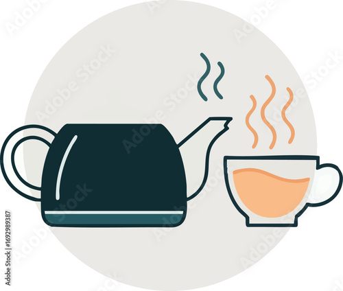 Illustration Vector of Kettle and Cup with Steam in a Modern Minimalist Style