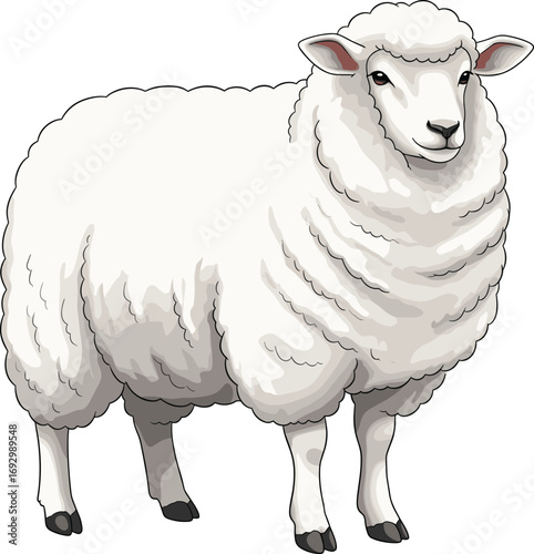 Detailed cartoon sheep illustration with fluffy white wool, black hooves, calm expression for farming, livestock, agriculture, and educational vector design