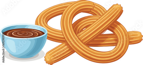 Golden churros with chocolate dipping sauce in bowl, sweet fried pastry dessert illustration for snack, breakfast, cafe, and food design