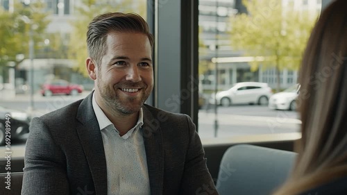 Young Professional Man Smiling During Business Meeting in Modern Office Setting