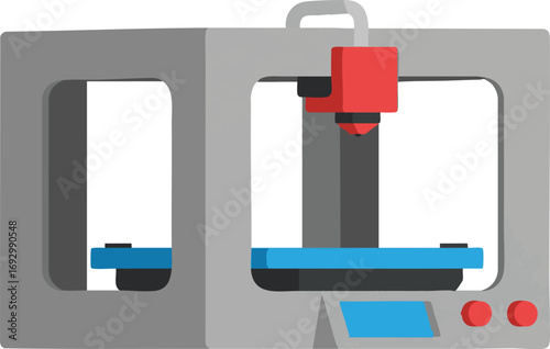 Illustration Technology Vector featuring 3D Printer Machine in Modern Style with Red and Blue accents